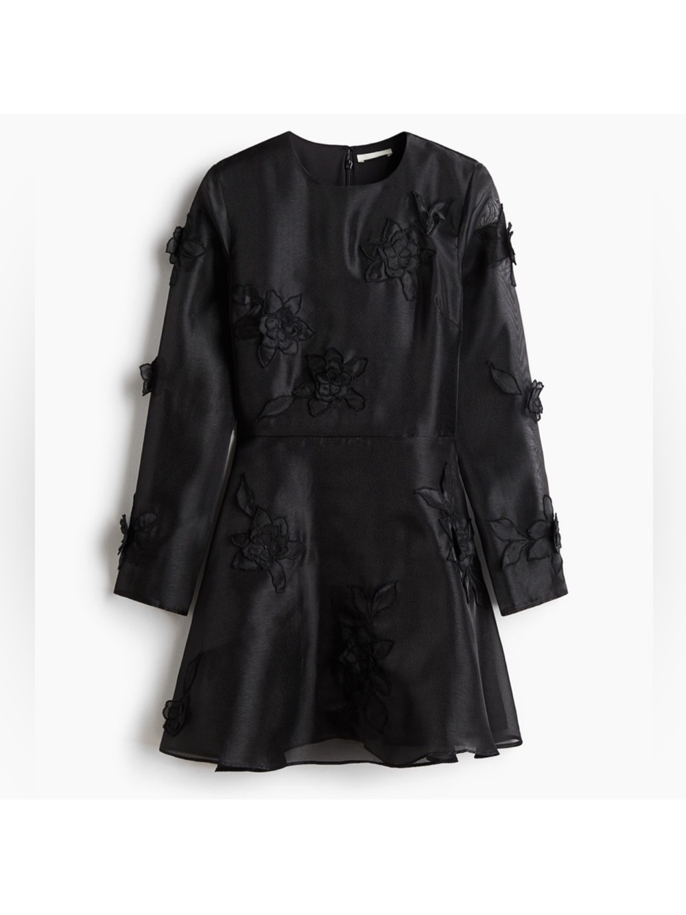 H&M Black Floral Appliqué Long-Sleeve Mini Dress